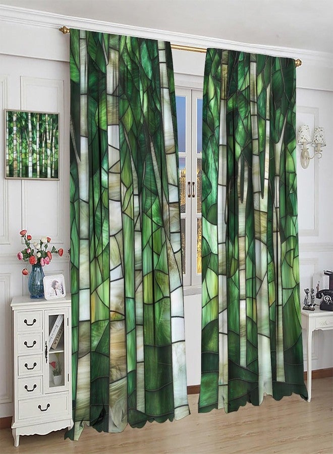 KANEPE Stained Glass Curtains, Birch Trees Green White Forest Stained Glass Retro Print Vintage Window Treatments, Rod Pocket Thermal Insulated Drapes for Bedroom Living Room, 42" W X 45" L【Decor】 - Image 5